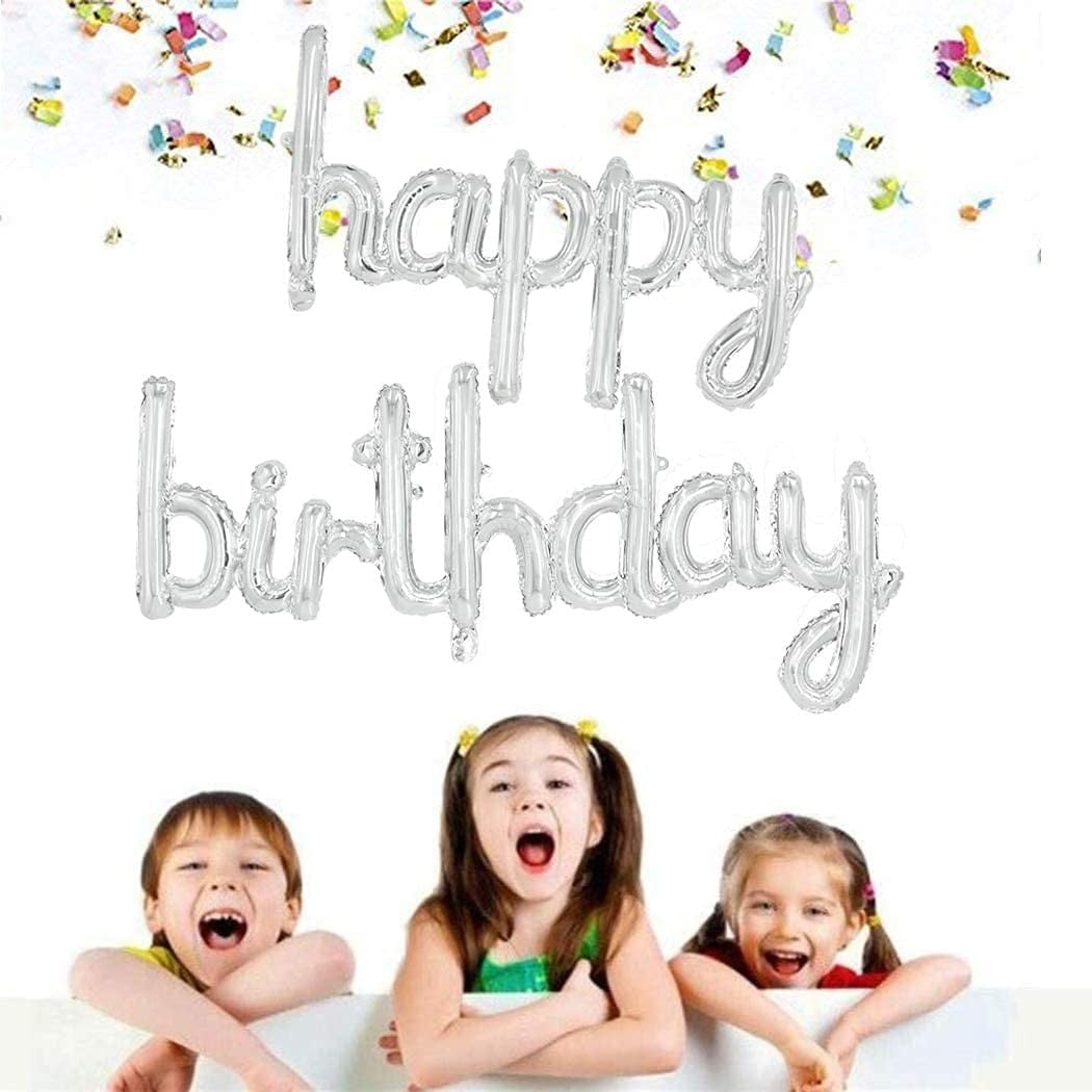Set 10 Baloane din Folie Metalizata, ANGELBEAR, Figurine Litere, Model Scris de Mana Happy Birthday, Tema Aniversare, 40 cm, Ambalaj Individual, Pai Inclus, Umflare cu Aer sau Heliu, Argintiu