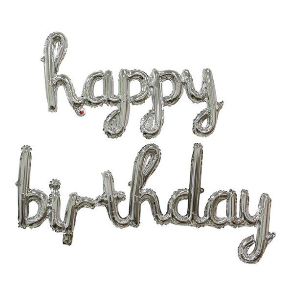 Set 10 Baloane din Folie Metalizata, ANGELBEAR, Figurine Litere, Model Scris de Mana Happy Birthday, Tema Aniversare, 40 cm, Ambalaj Individual, Pai Inclus, Umflare cu Aer sau Heliu, Argintiu