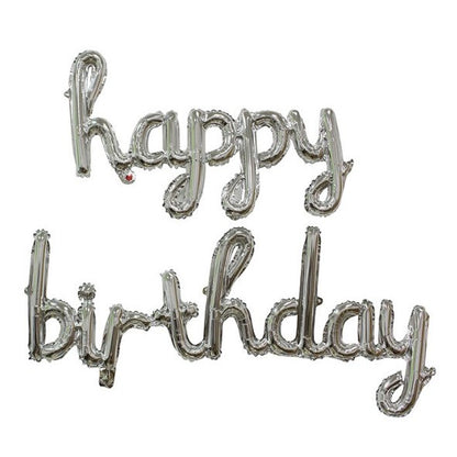Set 10 Baloane din Folie Metalizata, ANGELBEAR, Figurine Litere, Model Scris de Mana Happy Birthday, Tema Aniversare, 40 cm, Ambalaj Individual, Pai Inclus, Umflare cu Aer sau Heliu, Argintiu