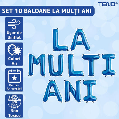 Set 10 Baloane din Folie Metalizata, ANGELBEAR, Figurine Litere, Model La multi ani, Tema Aniversare, 40 cm, Ambalaj Individual, Pai Inclus,  Umflare cu Aer sau Heliu, Albastru