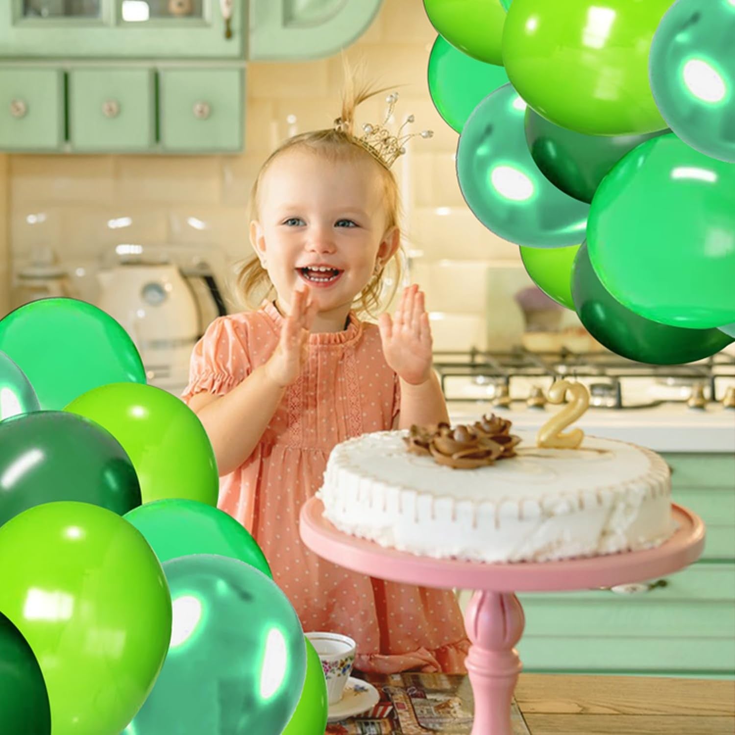 Set 10 Baloane din Latex Chrome, ANGELBEAR, Model Party, 23 cm, Diferite Nuante Verde, 2.2 g