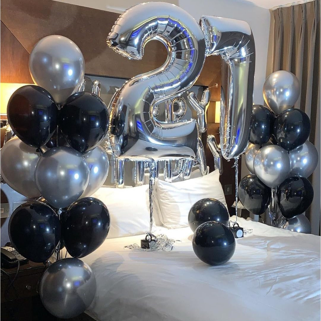 Set 10 Baloane din Latex Chrome, ANGELBEAR, Model Party, 23 cm, Negru Argintiu, 2.2 g