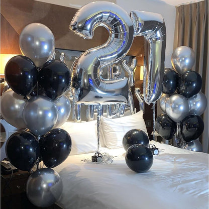 Set 10 Baloane din Latex Chrome, ANGELBEAR, Model Party, 23 cm, Negru Argintiu, 2.2 g