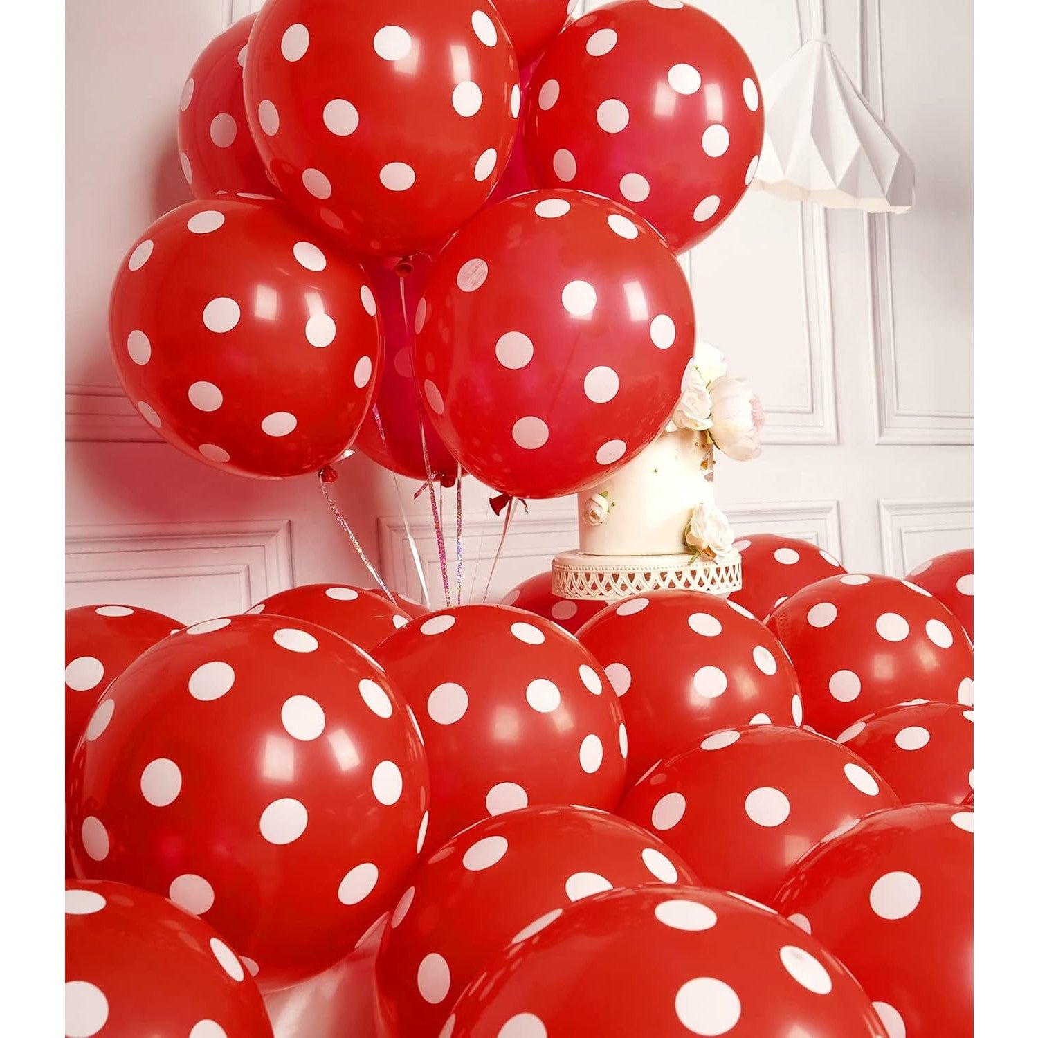 Set 10 Baloane din Latex, ANGELBEAR, Model Party cu Buline, 30 cm, Alb si Rosu, 2.8 g