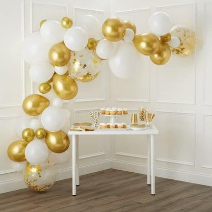 Set 16 Baloane din Latex, ANGELBEAR, Model Party, 30 cm, Alb, Auriu, Transparent Confetti, 2.8 g