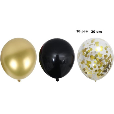 Set 16 Baloane din Latex, ANGELBEAR, Model Party, 30 cm, Auriu, Negru, Confetti, 2.8 g