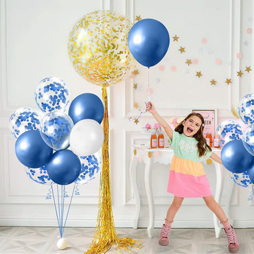 Set 16 Baloane din Latex Metalizate, ANGELBEAR, Model Party, 30 cm, Alb, Albastru, Albastru Chrome, Transparent Confetti 2.8 g