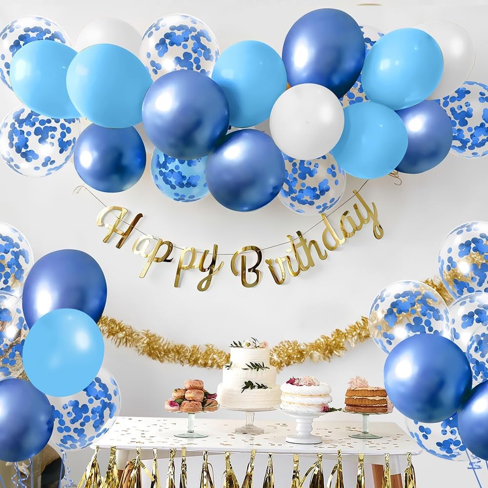 Set 16 Baloane din Latex Metalizate, ANGELBEAR, Model Party, 30 cm, Alb, Albastru, Albastru Chrome, Transparent Confetti 2.8 g