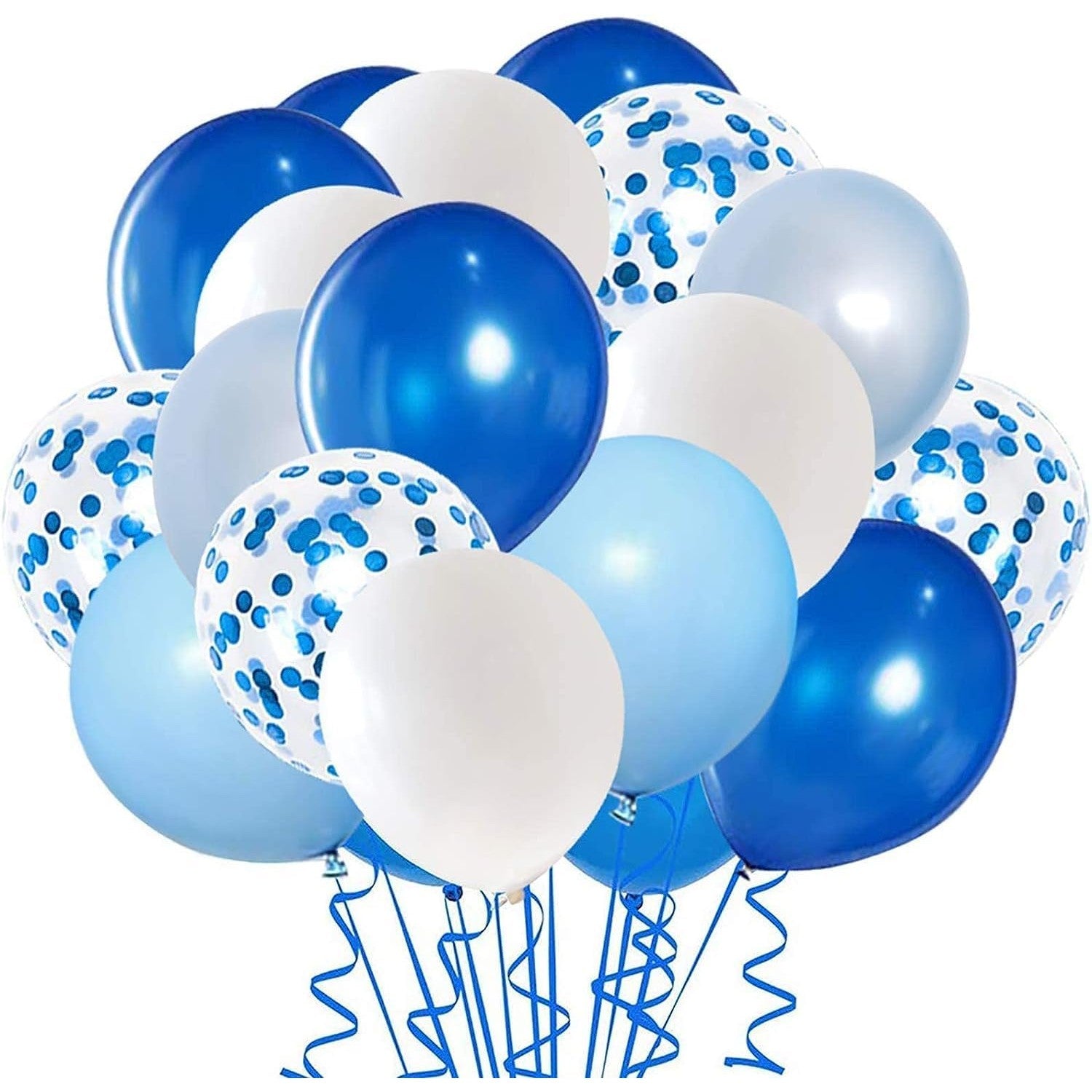 Set 16 Baloane din Latex Metalizate, ANGELBEAR, Model Party, 30 cm, Alb, Albastru, Albastru Chrome, Transparent Confetti 2.8 g