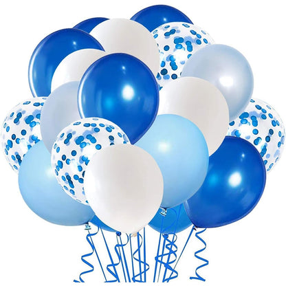 Set 16 Baloane din Latex Metalizate, ANGELBEAR, Model Party, 30 cm, Alb, Albastru, Albastru Chrome, Transparent Confetti 2.8 g