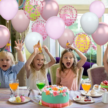 Set 16 Baloane din Latex Metalizate, ANGELBEAR, Model Party, 30 cm, Alb, Roz, Roz Chrome, Transparent Confetti 2.8 g