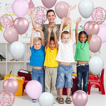 Set 16 Baloane din Latex Metalizate, ANGELBEAR, Model Party, 30 cm, Alb, Roz, Roz Chrome, Transparent Confetti 2.8 g