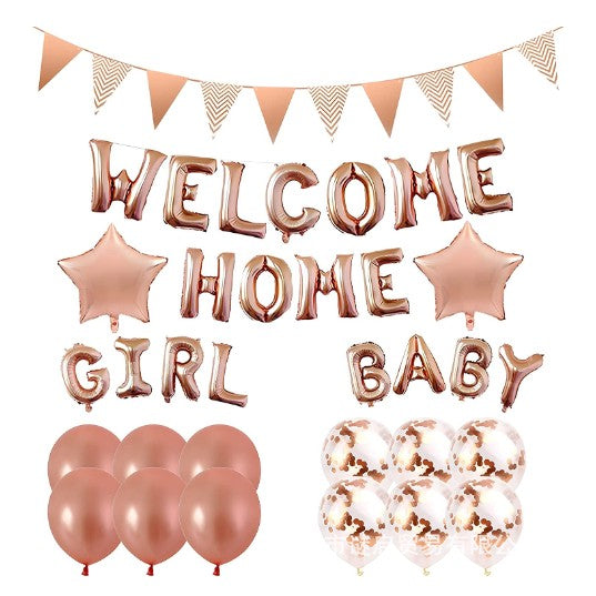 Set baloane folie si latex, ANGELBEAR, WELCOME HOME, 16 piese, 12 baloane latex, 2 baloane folie, 1 set Welcome Home Baby Girl,1 Banner, Rose gold