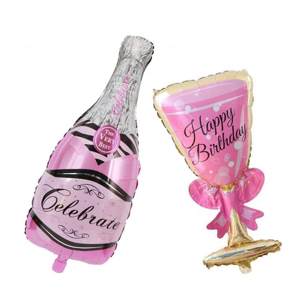 Set 2 Baloane din Folie Metalizata, ANGELBEAR, tematica Aniversare HAPPY BIRTHDAY, Figurine Model Sticla de Sampanie 50 x 108 cm si Pahar 48 x 93 cm, Roz