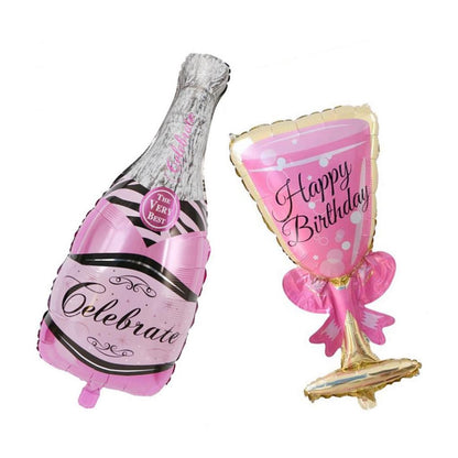 Set 2 Baloane din Folie Metalizata, ANGELBEAR, tematica Aniversare HAPPY BIRTHDAY, Figurine Model Sticla de Sampanie 50 x 108 cm si Pahar 48 x 93 cm, Roz