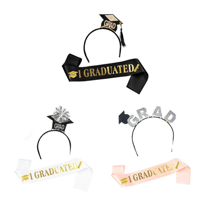 Set din 2 Piese pentru Absolvire, ANGELBEAR, Panglica si Coronita, Model I Graduated, Negru