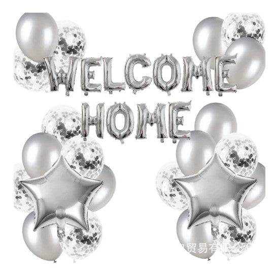 Set baloane folie si latex, ANGELBEAR, WELCOME HOME, 22 de piese, 20 baloane latex, 2 baloane stea Folie, 1 set Welcome Home, Argintiu