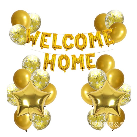 Set baloane folie si latex, ANGELBEAR, WELCOME HOME, 22 de piese, 20 baloane latex, 2 baloane stea Folie, 1 set Welcome Home, Auriu