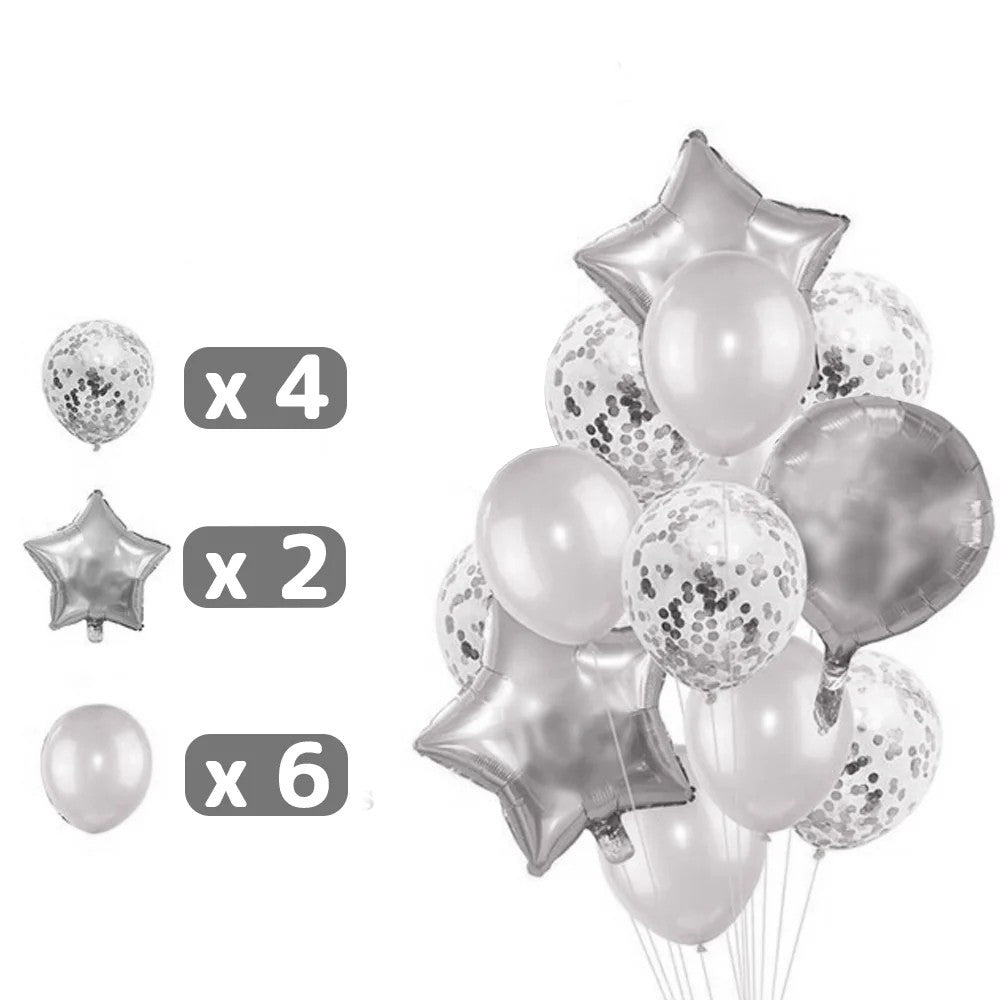 Set 25 de Baloane din Folie Metalizata si Latex, ANGELBEAR, Figurine 2 Stele, 4 Baloane Confetti, 13 Litere, 6 Latex, Model Happy Birthday, Tema Aniversare, 40 cm, Ambalaj Individual, Pai Inclus, Umflare cu Aer sau Heliu, Argintiu