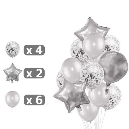 Set 25 de Baloane din Folie Metalizata si Latex, ANGELBEAR, Figurine 2 Stele, 4 Baloane Confetti, 13 Litere, 6 Latex, Model Happy Birthday, Tema Aniversare, 40 cm, Ambalaj Individual, Pai Inclus, Umflare cu Aer sau Heliu, Argintiu