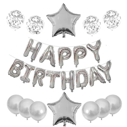 Set 25 de Baloane din Folie Metalizata si Latex, ANGELBEAR, Figurine 2 Stele, 4 Baloane Confetti, 13 Litere, 6 Latex, Model Happy Birthday, Tema Aniversare, 40 cm, Ambalaj Individual, Pai Inclus, Umflare cu Aer sau Heliu, Argintiu