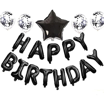 Set 25 de Baloane din Folie Metalizata si Latex, ANGELBEAR, Figurine 2 Stele, 4 Baloane Confetti, 13 Litere, 6 Latex, Model Happy Birthday, Tema Aniversare, 40 cm, Ambalaj Individual, Pai Inclus, Umflare cu Aer sau Heliu, Negru