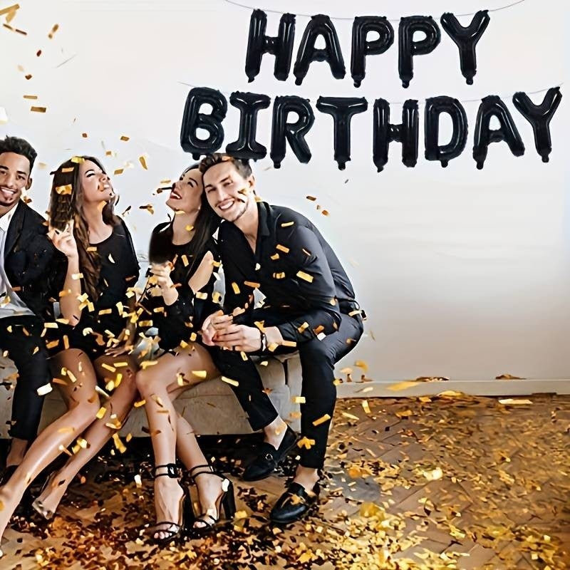 Set 25 de Baloane din Folie Metalizata si Latex, ANGELBEAR, Figurine 2 Stele, 4 Baloane Confetti, 13 Litere, 6 Latex, Model Happy Birthday, Tema Aniversare, 40 cm, Ambalaj Individual, Pai Inclus, Umflare cu Aer sau Heliu, Negru