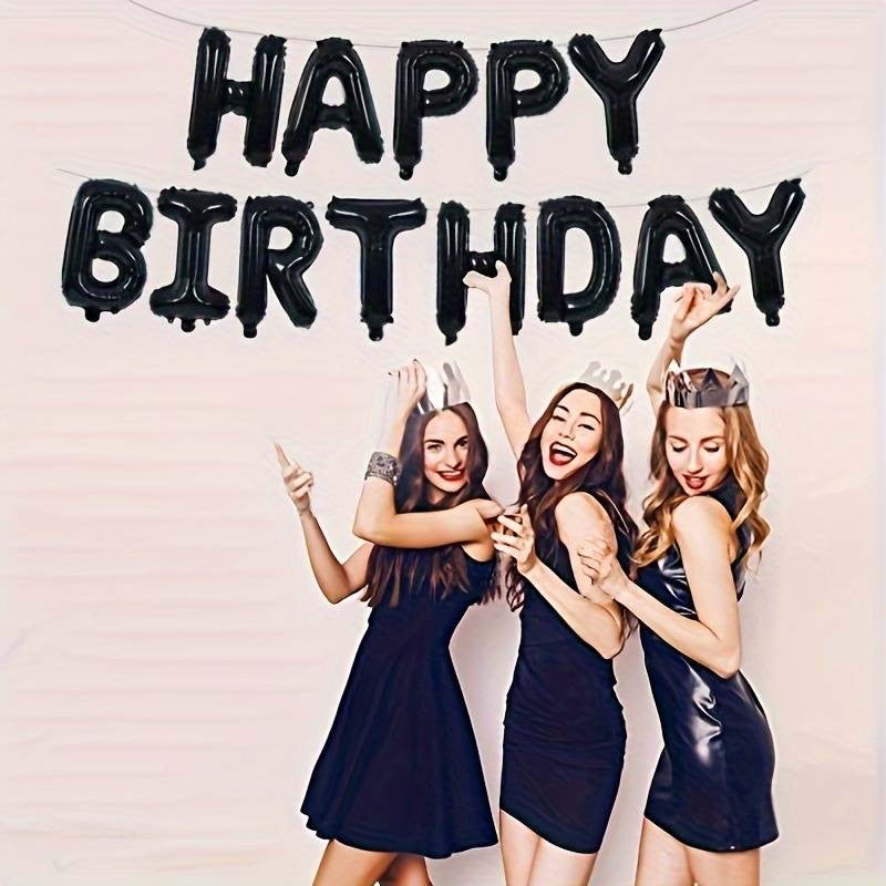 Set 25 de Baloane din Folie Metalizata si Latex, ANGELBEAR, Figurine 2 Stele, 4 Baloane Confetti, 13 Litere, 6 Latex, Model Happy Birthday, Tema Aniversare, 40 cm, Ambalaj Individual, Pai Inclus, Umflare cu Aer sau Heliu, Negru