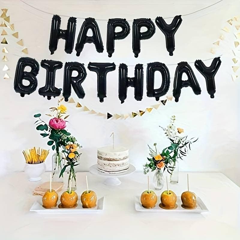 Set 25 de Baloane din Folie Metalizata si Latex, ANGELBEAR, Figurine 2 Stele, 4 Baloane Confetti, 13 Litere, 6 Latex, Model Happy Birthday, Tema Aniversare, 40 cm, Ambalaj Individual, Pai Inclus, Umflare cu Aer sau Heliu, Negru