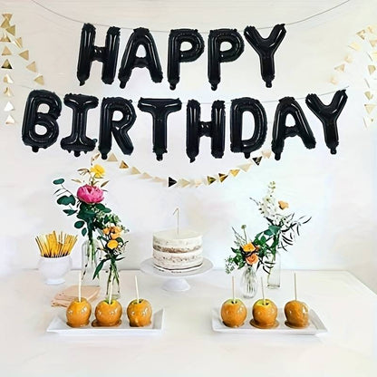 Set 25 de Baloane din Folie Metalizata si Latex, ANGELBEAR, Figurine 2 Stele, 4 Baloane Confetti, 13 Litere, 6 Latex, Model Happy Birthday, Tema Aniversare, 40 cm, Ambalaj Individual, Pai Inclus, Umflare cu Aer sau Heliu, Negru