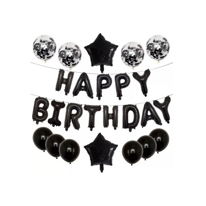 Set 25 de Baloane din Folie Metalizata si Latex, ANGELBEAR, Figurine 2 Stele, 4 Baloane Confetti, 13 Litere, 6 Latex, Model Happy Birthday, Tema Aniversare, 40 cm, Ambalaj Individual, Pai Inclus, Umflare cu Aer sau Heliu, Negru