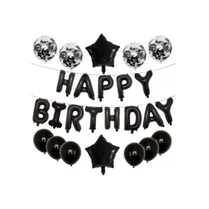 Set 25 de Baloane din Folie Metalizata si Latex, ANGELBEAR, Figurine 2 Stele, 4 Baloane Confetti, 13 Litere, 6 Latex, Model Happy Birthday, Tema Aniversare, 40 cm, Ambalaj Individual, Pai Inclus, Umflare cu Aer sau Heliu, Negru