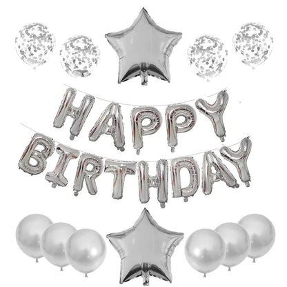 Set 25 de Baloane din Folie Metalizata si Latex, ANGELBEAR, Figurine 2 Stele, 4 Baloane Confetti, 13 Litere, 6 Latex, Model Happy Birthday, Tema Aniversare, 40 cm, Ambalaj Individual, Pai Inclus, Umflare cu Aer sau Heliu, Argintiu