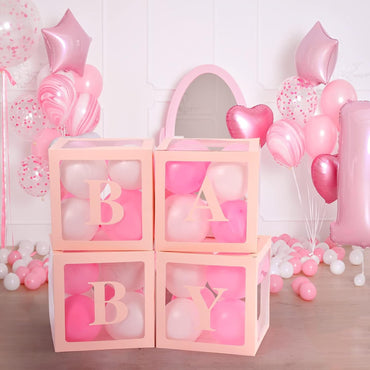 Set 4 Cutii pentru Baloane, ANGELBEAR, Model Scris Baby, Tematica Iubire, Cuburi Decorative din Plastic, Accesorii pentru Petrecere, 30 x30 cm, Transparente Contur Roz