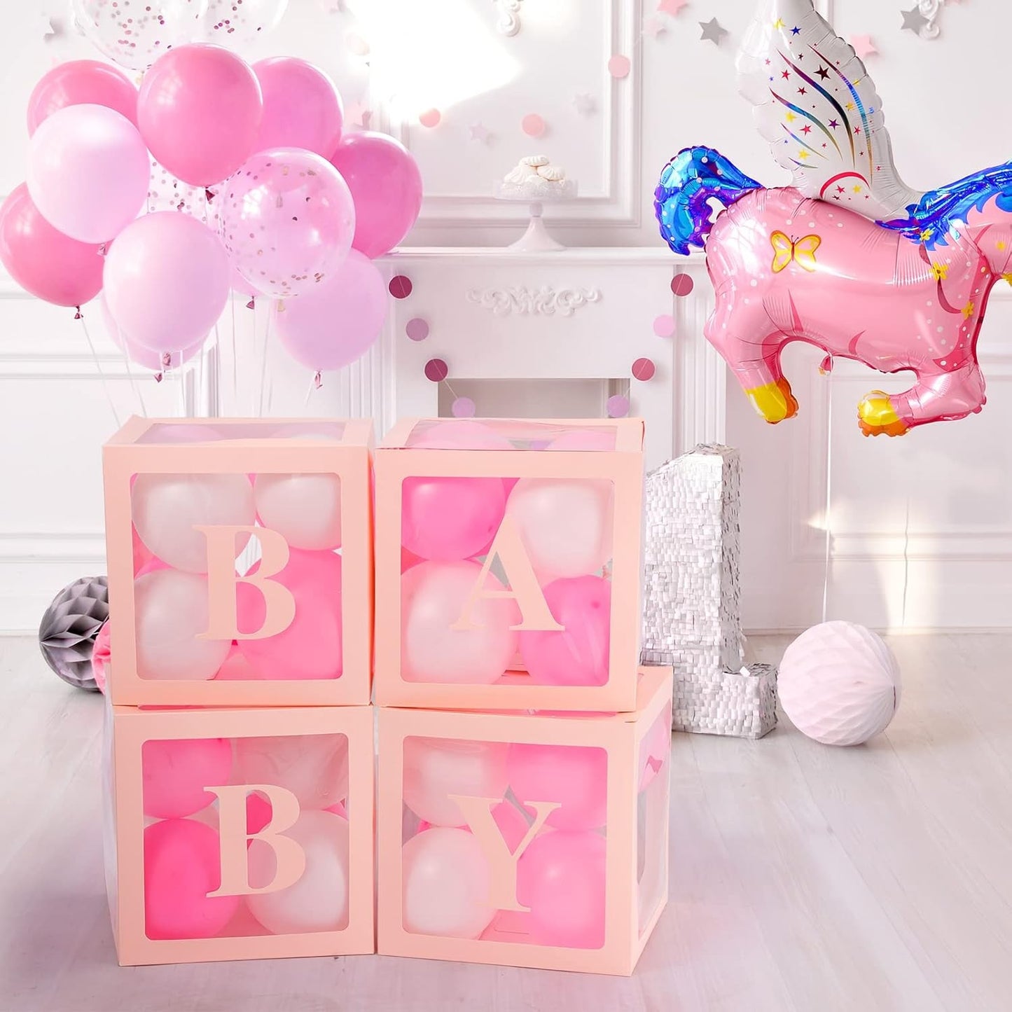 Set 4 Cutii pentru Baloane, ANGELBEAR, Model Scris Baby, Tematica Iubire, Cuburi Decorative din Plastic, Accesorii pentru Petrecere, 30 x30 cm, Transparente Contur Roz