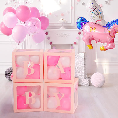 Set 4 Cutii pentru Baloane, ANGELBEAR, Model Scris Baby, Tematica Iubire, Cuburi Decorative din Plastic, Accesorii pentru Petrecere, 30 x30 cm, Transparente Contur Roz