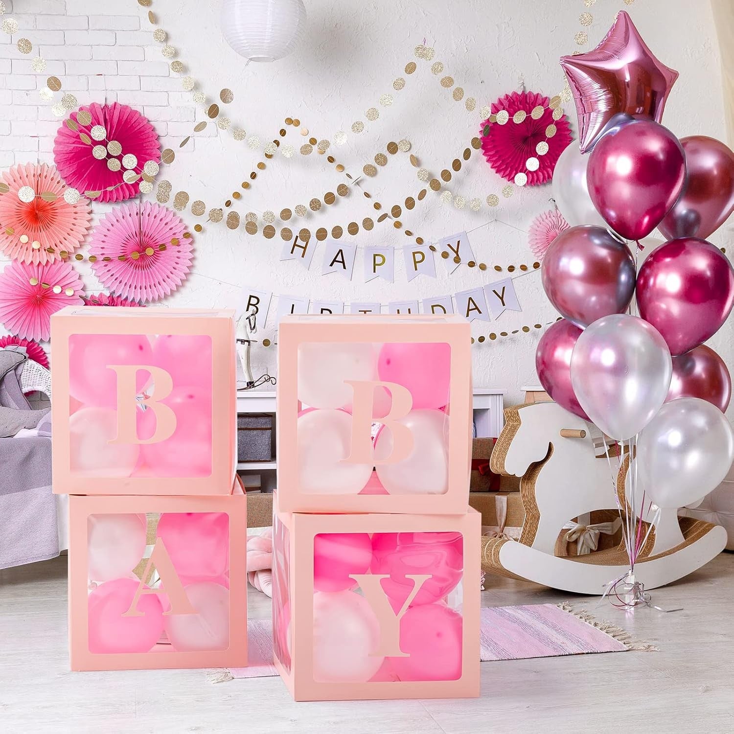 Set 4 Cutii pentru Baloane, ANGELBEAR, Model Scris Baby, Tematica Iubire, Cuburi Decorative din Plastic, Accesorii pentru Petrecere, 30 x30 cm, Transparente Contur Roz
