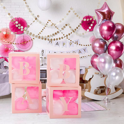 Set 4 Cutii pentru Baloane, ANGELBEAR, Model Scris Baby, Tematica Iubire, Cuburi Decorative din Plastic, Accesorii pentru Petrecere, 30 x30 cm, Transparente Contur Roz