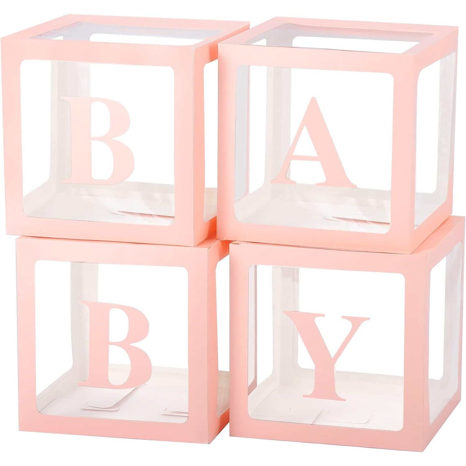 Set 4 Cutii pentru Baloane, ANGELBEAR, Model Scris Baby, Tematica Iubire, Cuburi Decorative din Plastic, Accesorii pentru Petrecere, 30 x30 cm, Transparente Contur Roz