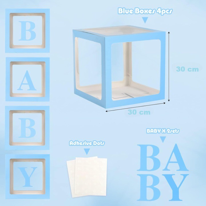 Set 4 Cutii pentru Baloane, ANGELBEAR, Model Scris Baby, Tematica Iubire, Cuburi Decorative din Plastic, Accesorii pentru Petrecere, 30 x30 cm, Transparente Contur Albastru