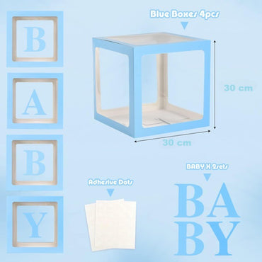 Set 4 Cutii pentru Baloane, ANGELBEAR, Model Scris Baby, Tematica Iubire, Cuburi Decorative din Plastic, Accesorii pentru Petrecere, 30 x30 cm, Transparente Contur Albastru