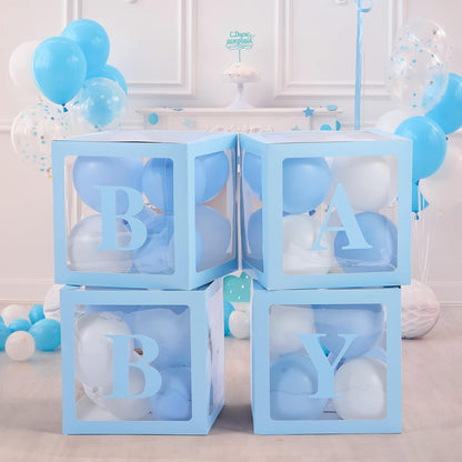 Set 4 Cutii pentru Baloane, ANGELBEAR, Model Scris Baby, Tematica Iubire, Cuburi Decorative din Plastic, Accesorii pentru Petrecere, 30 x30 cm, Transparente Contur Albastru
