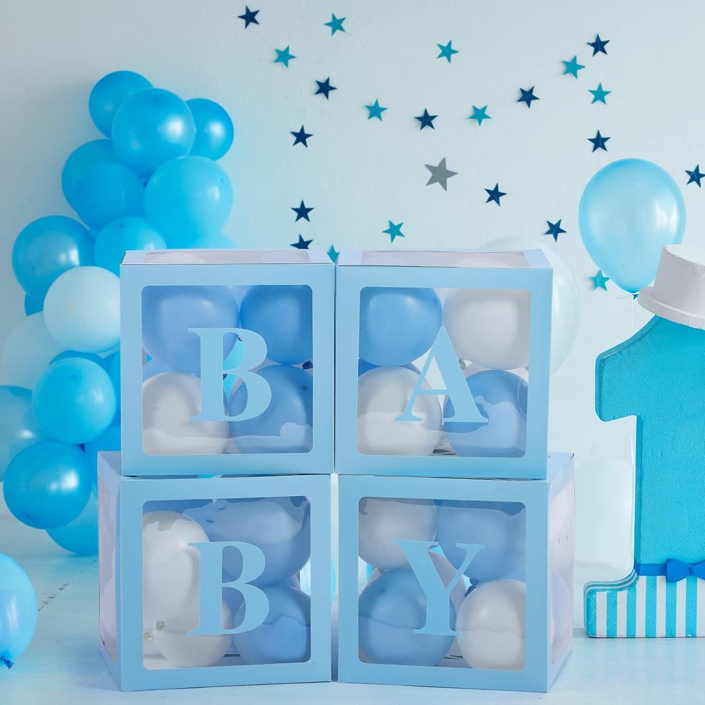 Set 4 Cutii pentru Baloane, ANGELBEAR, Model Scris Baby, Tematica Iubire, Cuburi Decorative din Plastic, Accesorii pentru Petrecere, 30 x30 cm, Transparente Contur Albastru
