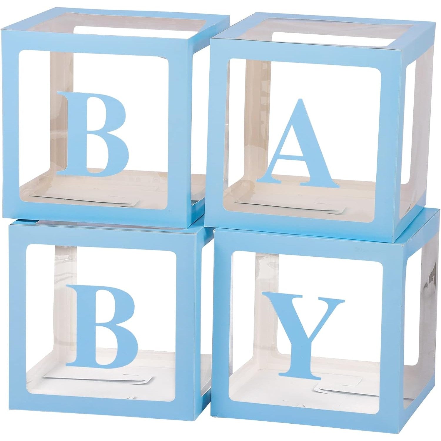 Set 4 Cutii pentru Baloane, ANGELBEAR, Model Scris Baby, Tematica Iubire, Cuburi Decorative din Plastic, Accesorii pentru Petrecere, 30 x30 cm, Transparente Contur Albastru