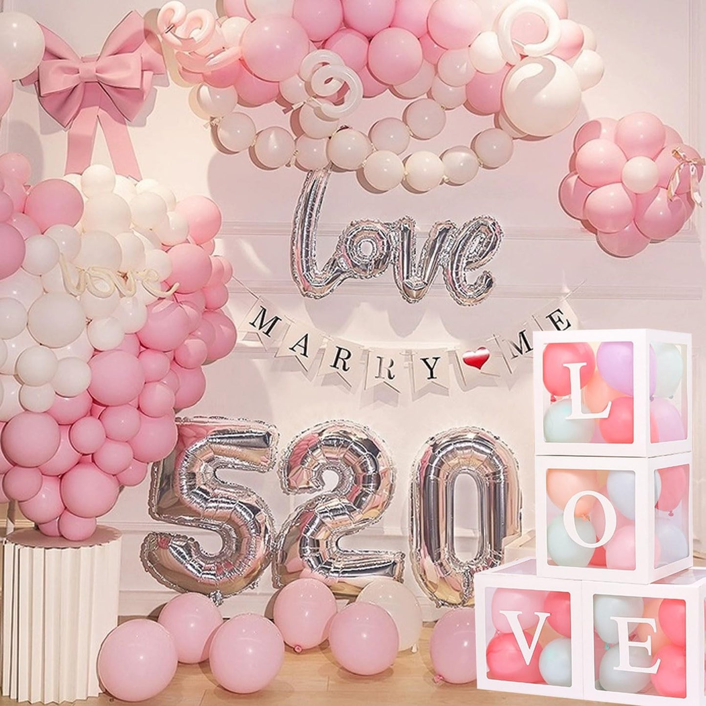 Set 4 Cutii pentru Baloane, ANGELBEAR, Model Scris Love, Tematica Iubire, Cuburi Decorative din Plastic, Accesorii pentru Petrecere, 30 x30 cm, Transparente Contur Alb