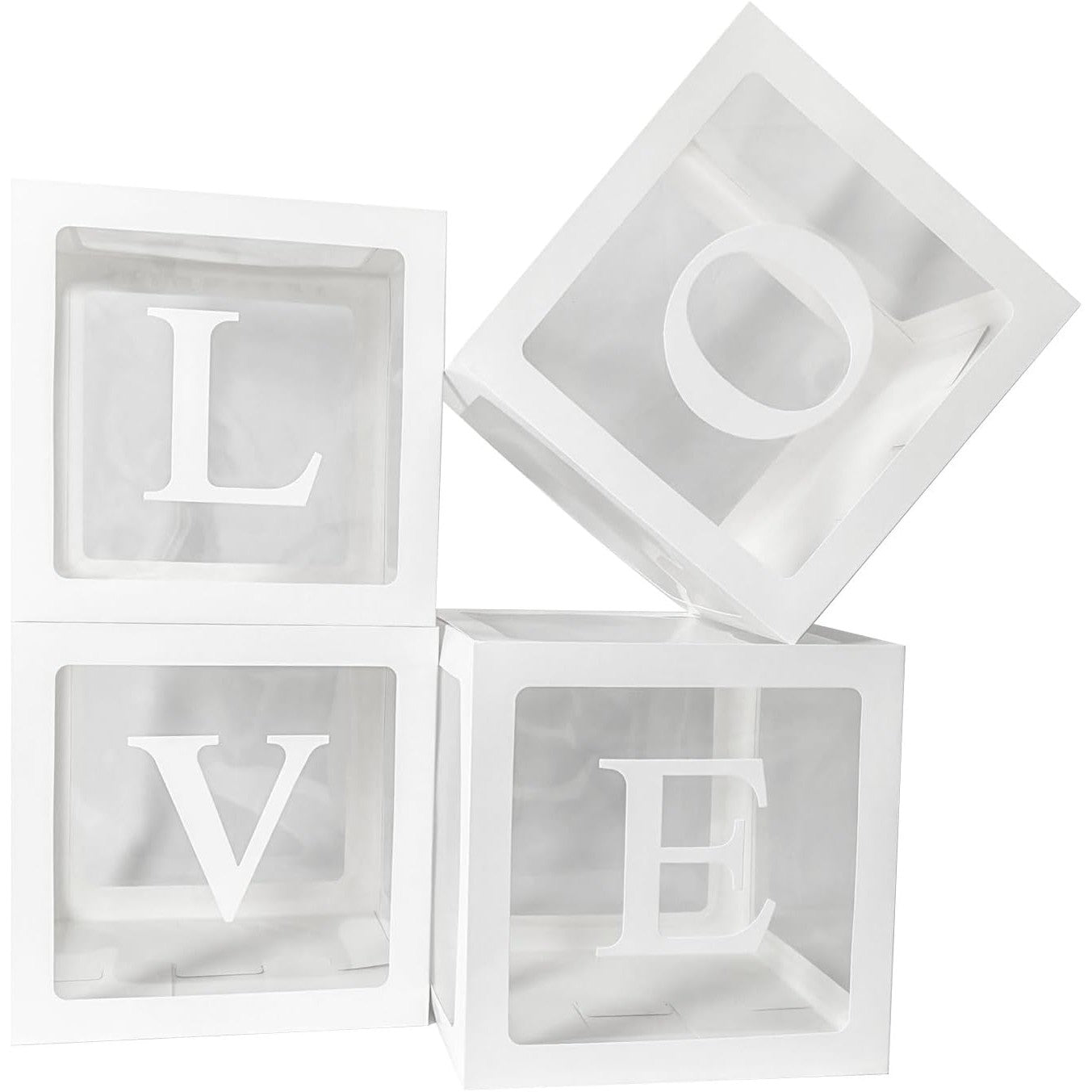 Set 4 Cutii pentru Baloane, ANGELBEAR, Model Scris Love, Tematica Iubire, Cuburi Decorative din Plastic, Accesorii pentru Petrecere, 30 x30 cm, Transparente Contur Alb