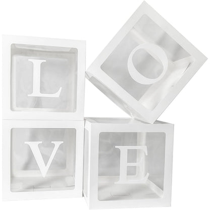 Set 4 Cutii pentru Baloane, ANGELBEAR, Model Scris Love, Tematica Iubire, Cuburi Decorative din Plastic, Accesorii pentru Petrecere, 30 x30 cm, Transparente Contur Alb