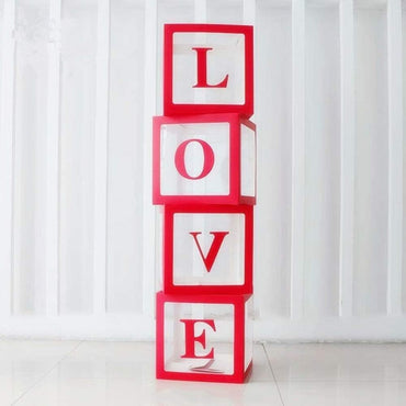 Set 4 Cutii pentru Baloane, ANGELBEAR, Model Scris Love, Tematica Iubire, Cuburi Decorative din Plastic, Accesorii pentru Petrecere, 30x30 cm, Transparente Contur Rosu