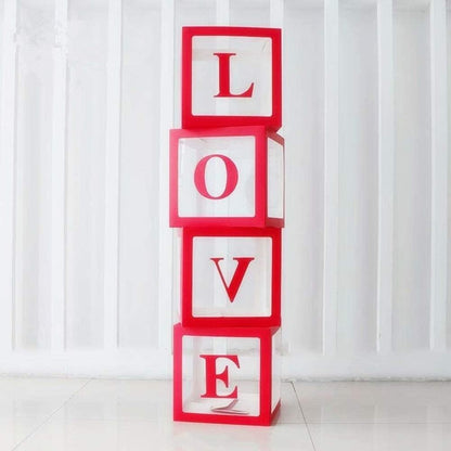Set 4 Cutii pentru Baloane, ANGELBEAR, Model Scris Love, Tematica Iubire, Cuburi Decorative din Plastic, Accesorii pentru Petrecere, 30x30 cm, Transparente Contur Rosu