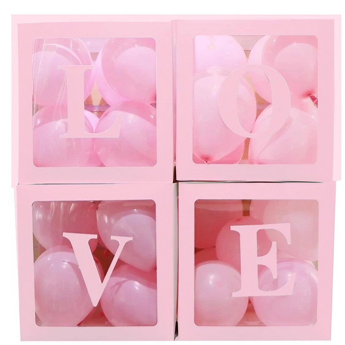 Set 4 Cutii pentru Baloane, ANGELBEAR, Model Scris Love, Tematica Iubire, Cuburi Decorative din Plastic, Accesorii pentru Petrecere, 30 x30 cm, Transparente Contur Roz